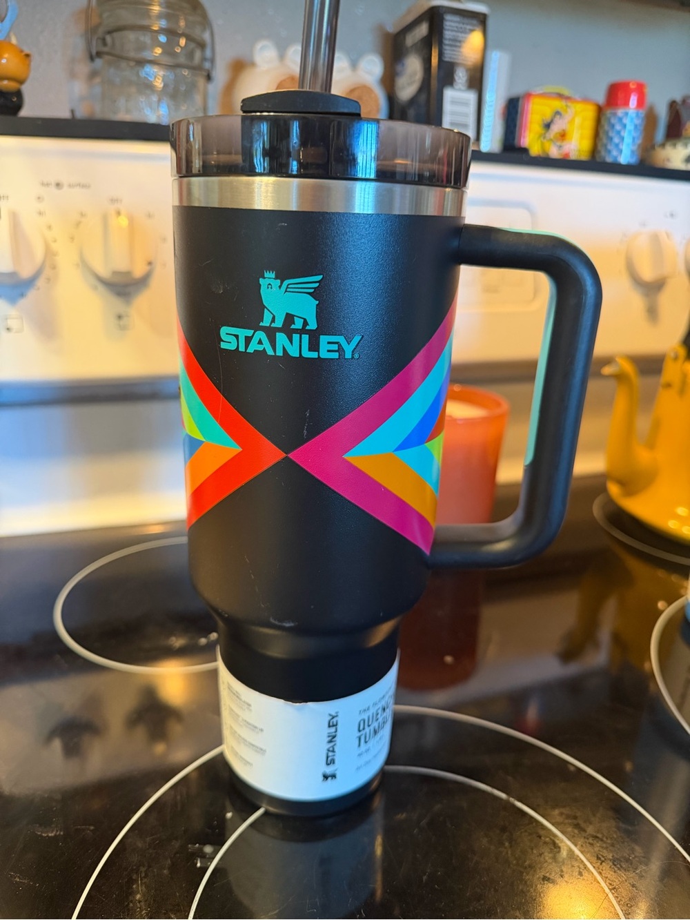 Stanley Black Travel Mug with Rainbow Geometric Accent